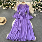 Purple/Green/Red Pleated Maxi Long Dress Women Vintage V-Neck Flare Sleeve Draped Ruffle Vestido Female Maxi Robe Summer Lootquake LLC