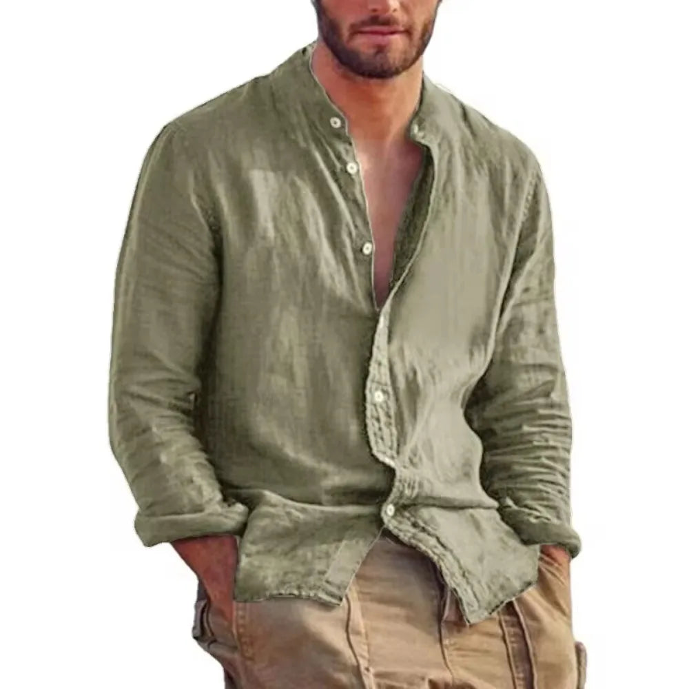 New Mens Long Sleeve Linen Shirt Stand Up Collar Casual Lightweight Mens Shirts Breathable T Shirts Hawaiian button Shirt Lootquake LLC