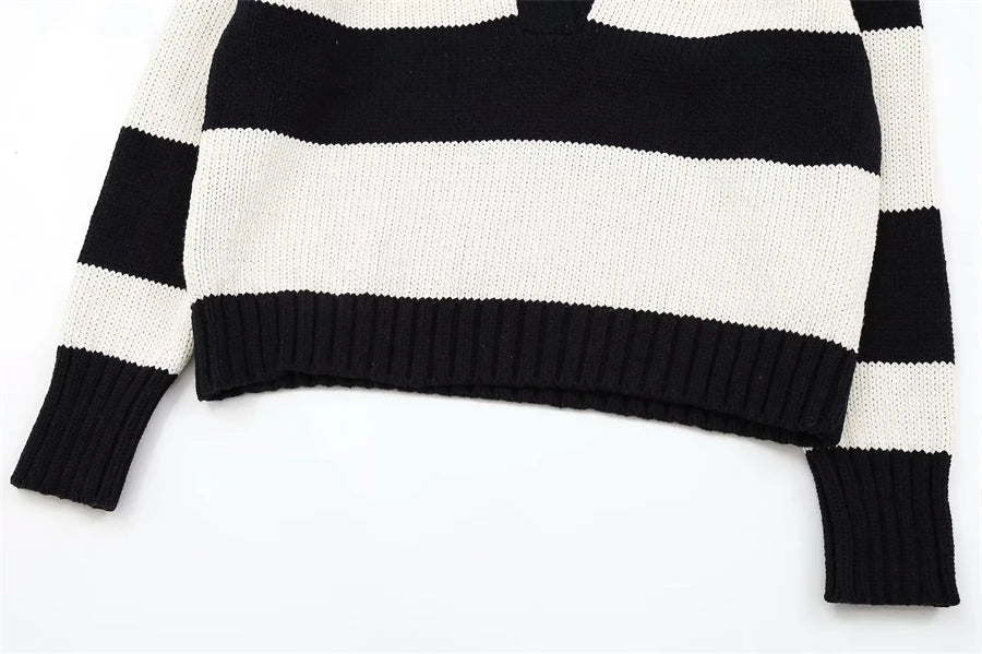 Women Fashion Black Striped Knit Sweater Spring Vintage Polo Neck Long Sleeve Female Pullovers Chic Tops - SJB-DIAMOND ELITES