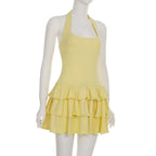 Tornova Vacation Halter Mini Dress For Women Solid High Waist Puffy Dress Ruffled Splice Fashion Sexy Slim Dress 2025 Summer New
