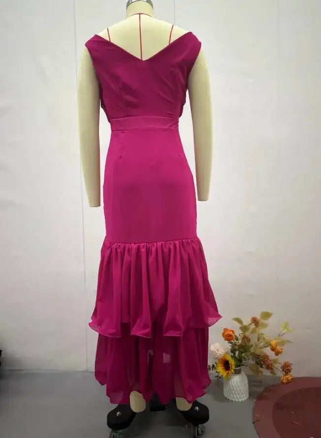 Womens Dresses 2025 Spring New Sweet Style Solid Color High Waist Ruched V-Neck Sleeveless Casual Ruffle Hem Daily Long Dress
