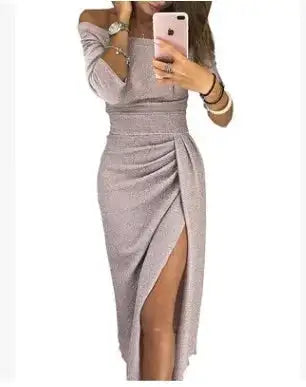 Slit Slash-neck Dress Women Sparkling Slim Long Dress Summer Korean Fashion Dinner Dress Bodycon Solid  Women Dresses Vestidos