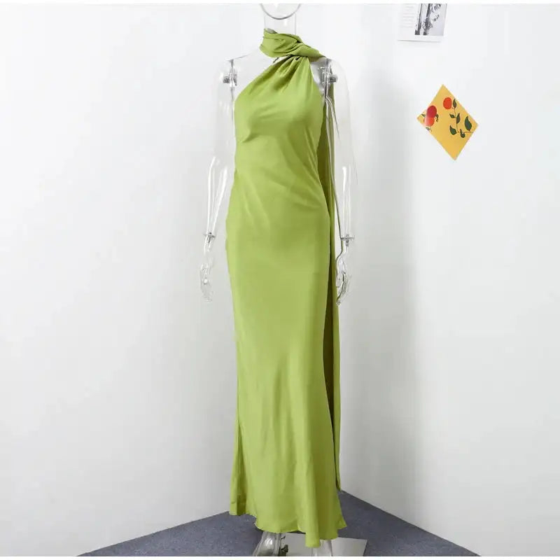 Elegant Satin Halter Slim Long Dress With Scarf Women New Sexy Backless Sleeveless Maxi Dresses Summer Lady Party Chic Vestidos