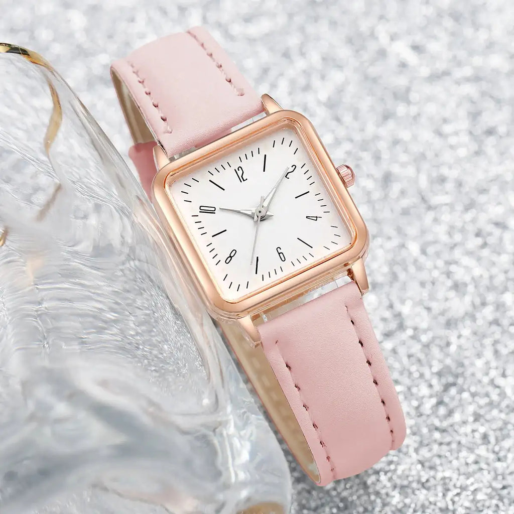 3PCs/Set Women's Fashion Watch Square Simple Dial Leather Quartz Watch Set