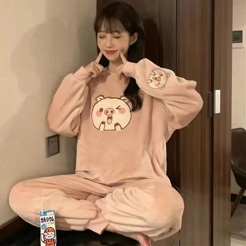 Thickened Warm Sleepwear for Winter Plus Size Padded Flannel Long Sleeve Student Pajamas Loungewear Two Piece Nightwear Homewear Lootquake LLC