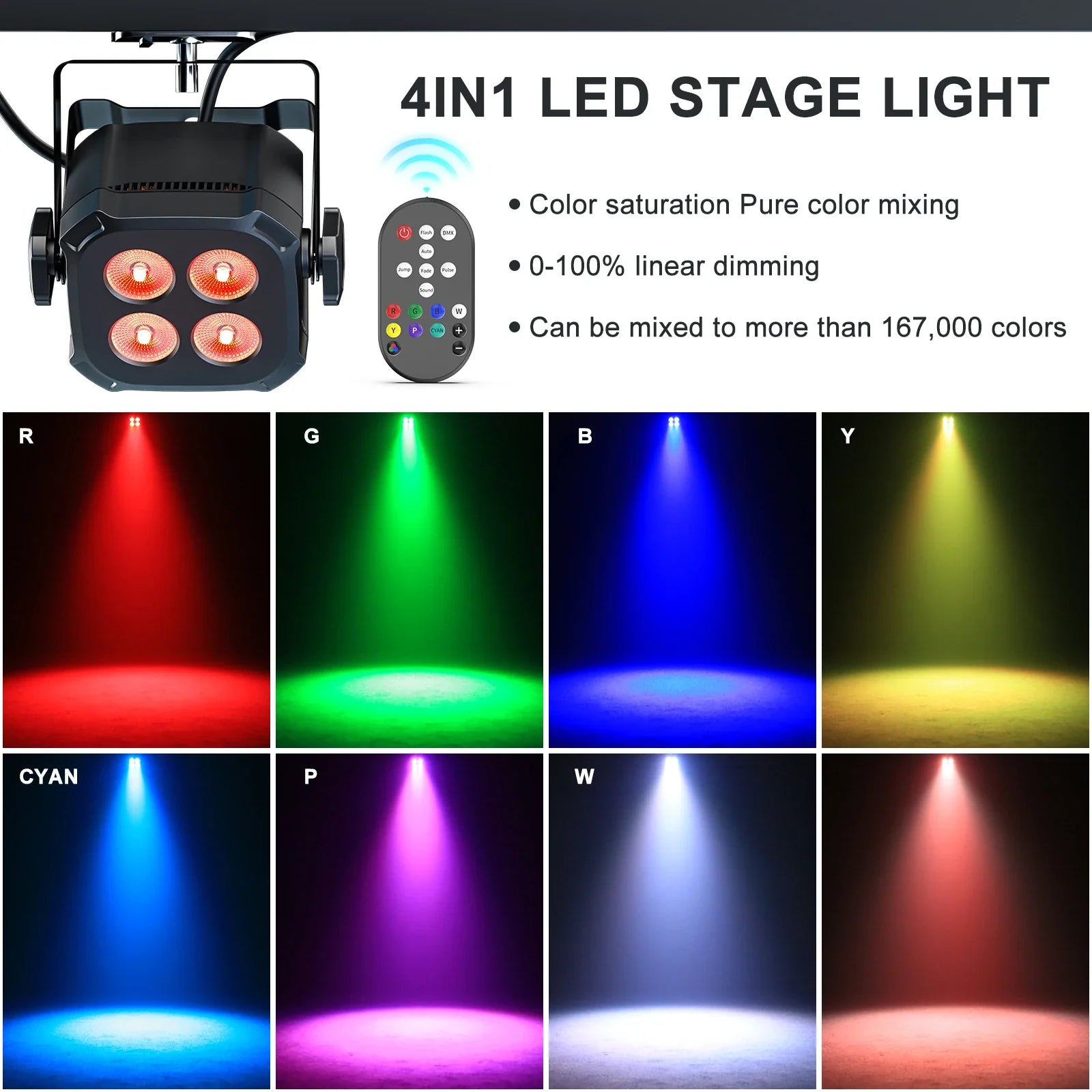 Yiflamefly 4Pcs 30W Par Lights 4x8W LED RGBWYP+CYAN DJ Light Remote & DMX Controlled Stage Light For Wedding Party Club Disco