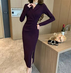 Women Pink Pleated Bodycon Formal Long Dress Autumn Winter Long Sleeve Chic Suit Dress 2025 Korean Fashion Elegant Party Dresses