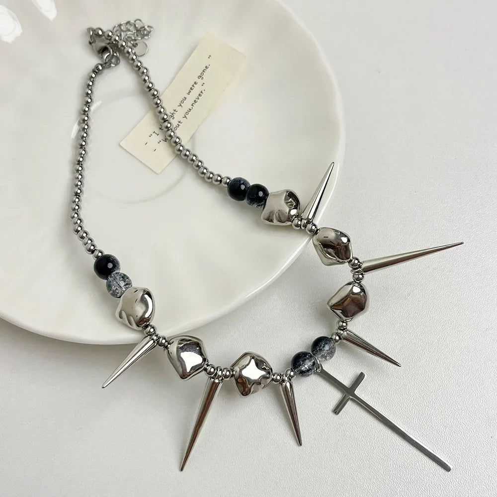 Retro Y2K Long Spike Rivet Necklace Stainless Steel Cross Hip Hop Necklace for Women Vintage Grunge Style Party Jewelry Lootquake LLC