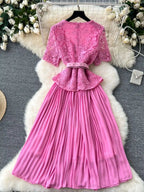 Designer 2025 Summer Pleated Chiffon Lace Long Dress Women Flower Embroidery Gold Button Belt Evening Party Dresses Wedding Robe Lootquake LLC