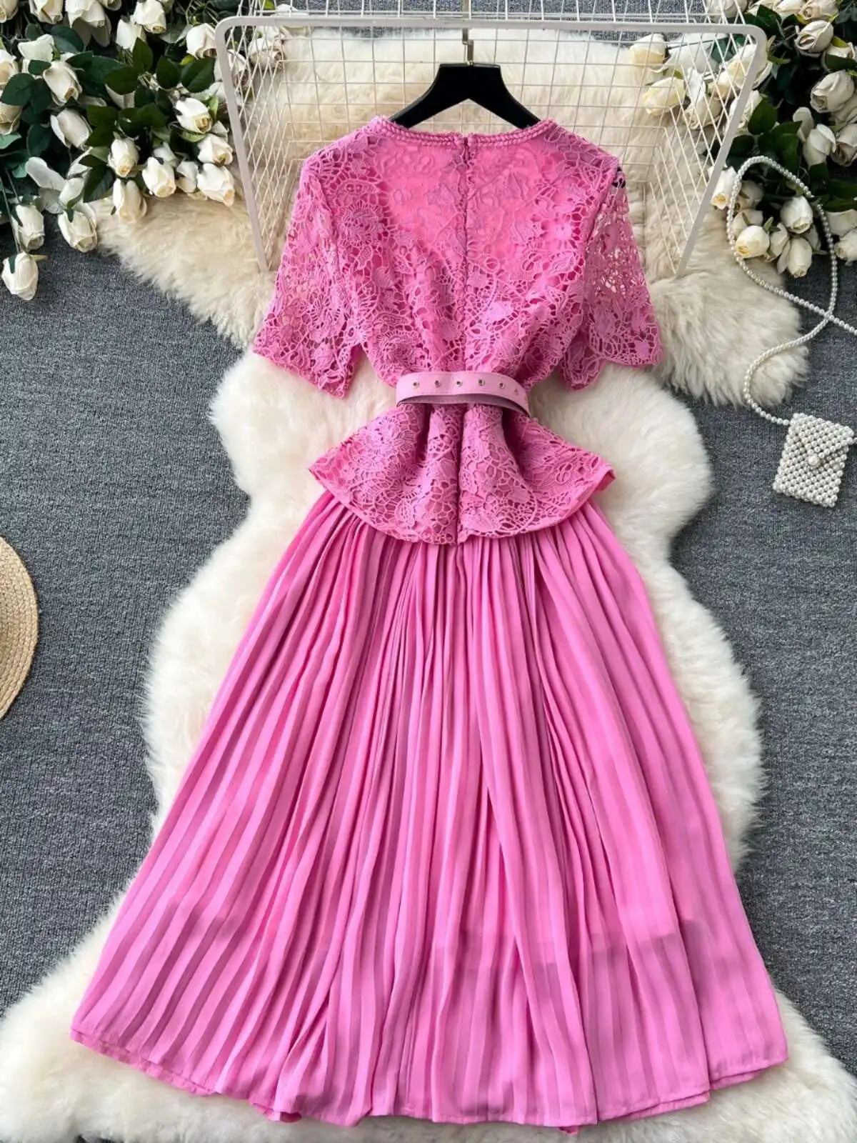 Designer 2025 Summer Pleated Chiffon Lace Long Dress Women Flower Embroidery Gold Button Belt Evening Party Dresses Wedding Robe Lootquake LLC