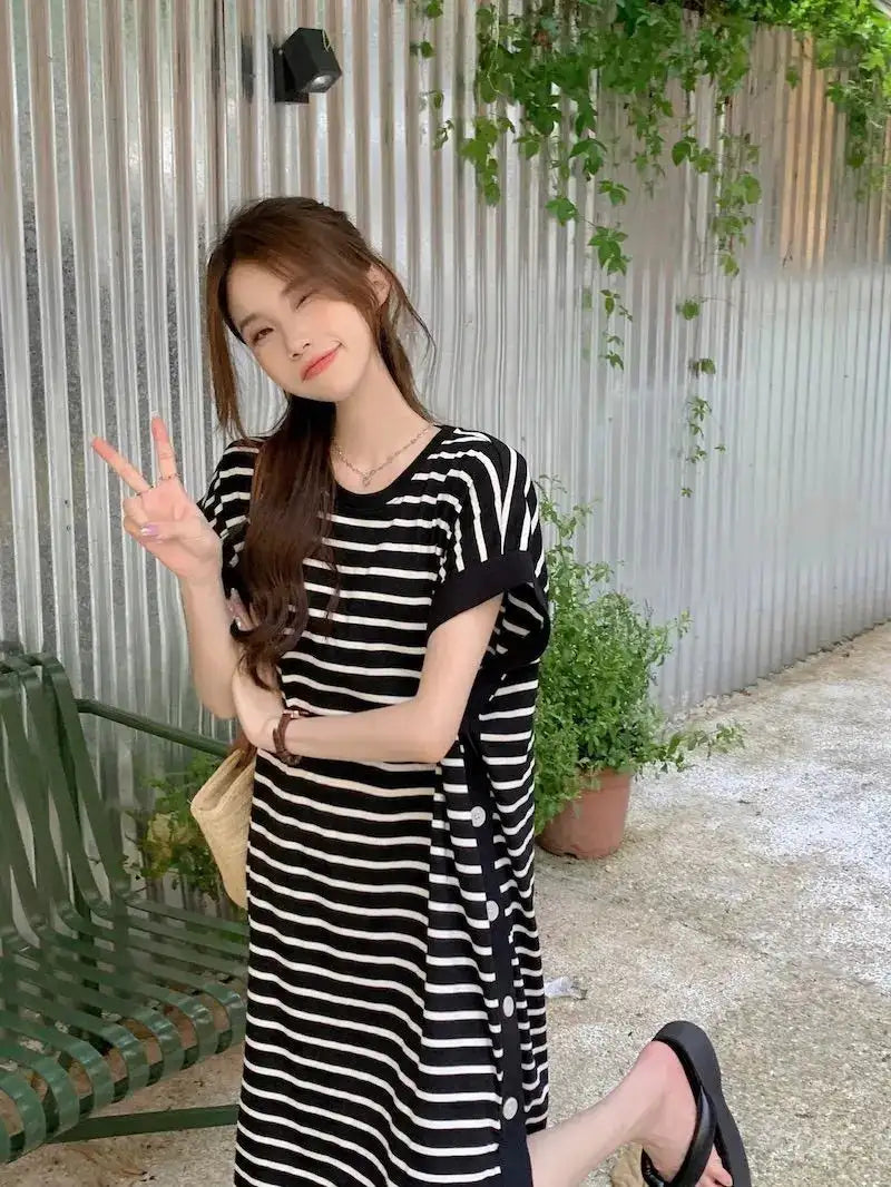 2024 New Casual Korean Striped O-neck Short Sleeve Long Dress Ladies Simplicity Patchwork Loose Tshirt Dress Women Clothing