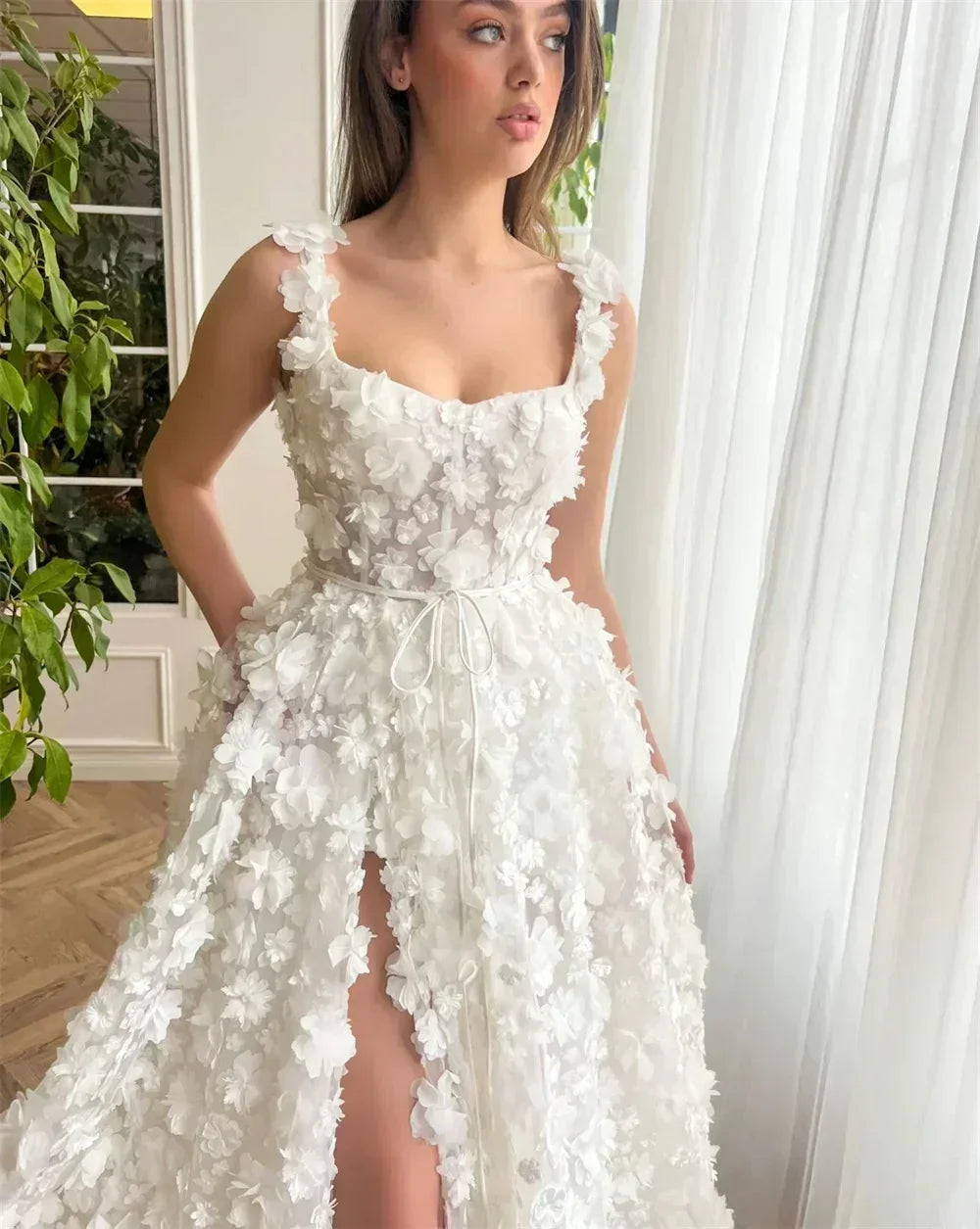 Kyoto Beige Wedding Dress | 3D Flower Lace-Up Back Gown -femstylo
