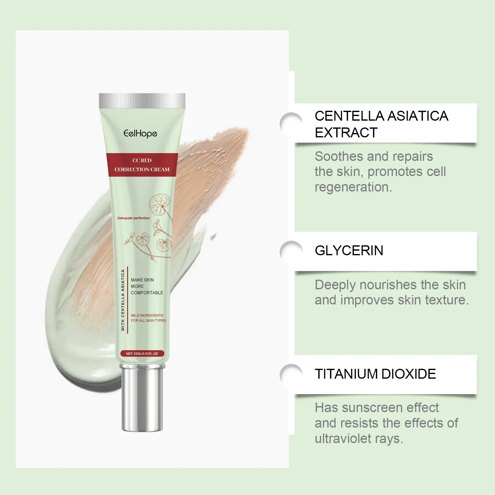 EelHope Centella Asiatica CC Cream - Moisturizing, Concealing Foundation for Nude Makeup, Brightening Complexion & Hydrating