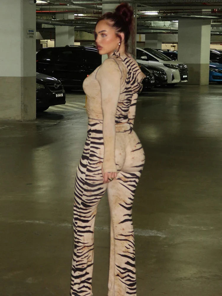 Weird Puss Tiger Print Hooded Crop Top Set