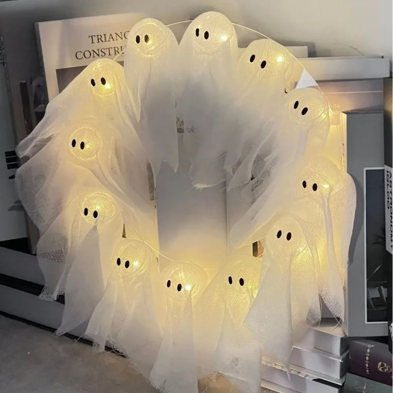 Modern Lit Ghosts Wreath Aesthetic Halloween Home Decor Luxury Wall Decoration Cute Halloween Wall Decors Interior Decorations Lootquake LLC