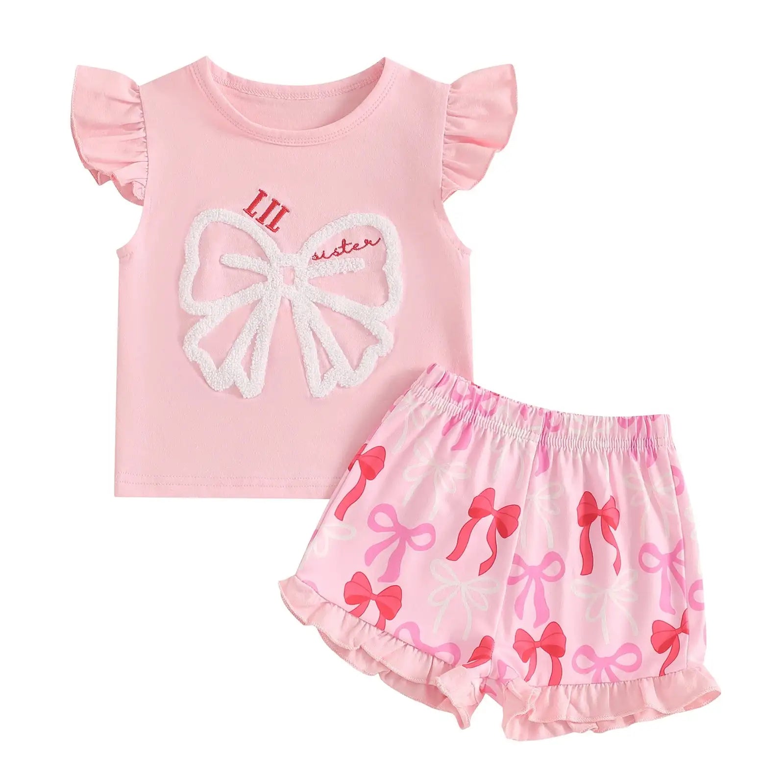 Cute Matching Baby Toddler Brother Outfit Bow Fly Sleeve Tops Elastic Waist Ruffle Shorts 2 Piece Summer Set for Siblings
