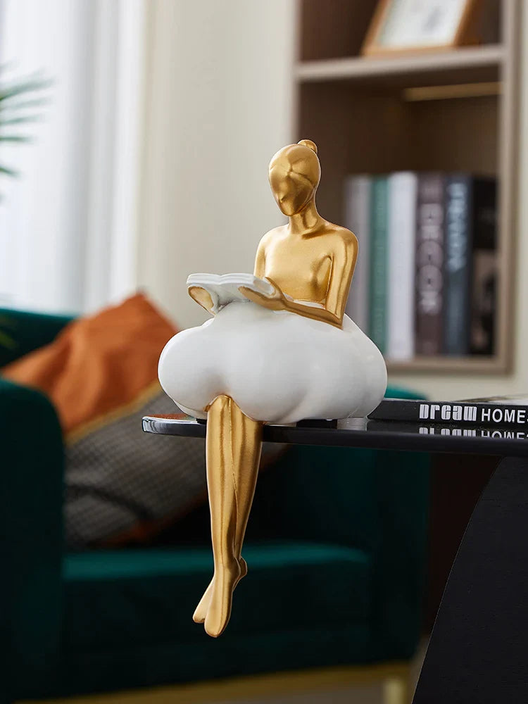 Sitting ballet girl art Golden sculpture Sitting posture ornament home accessories Statuettes Figurines office decor Statues Lootquake LLC