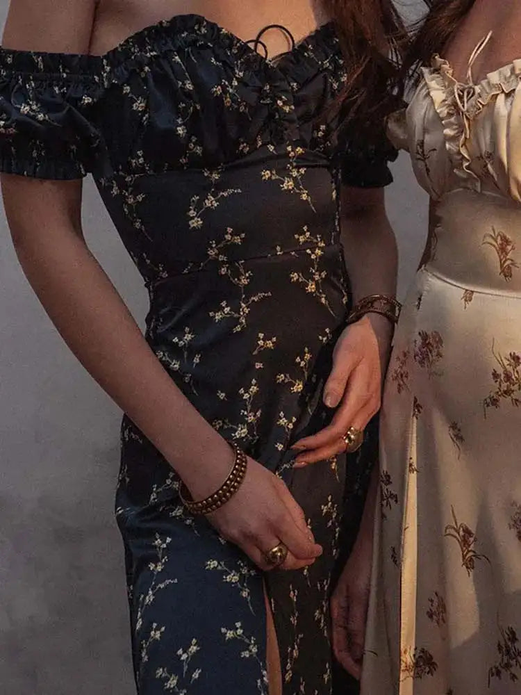 Slash neck Floral Print Split Beach Dress Women Summer Elegant Ruffles Party Long Dress Vestidos S~3XL Lootquake LLC