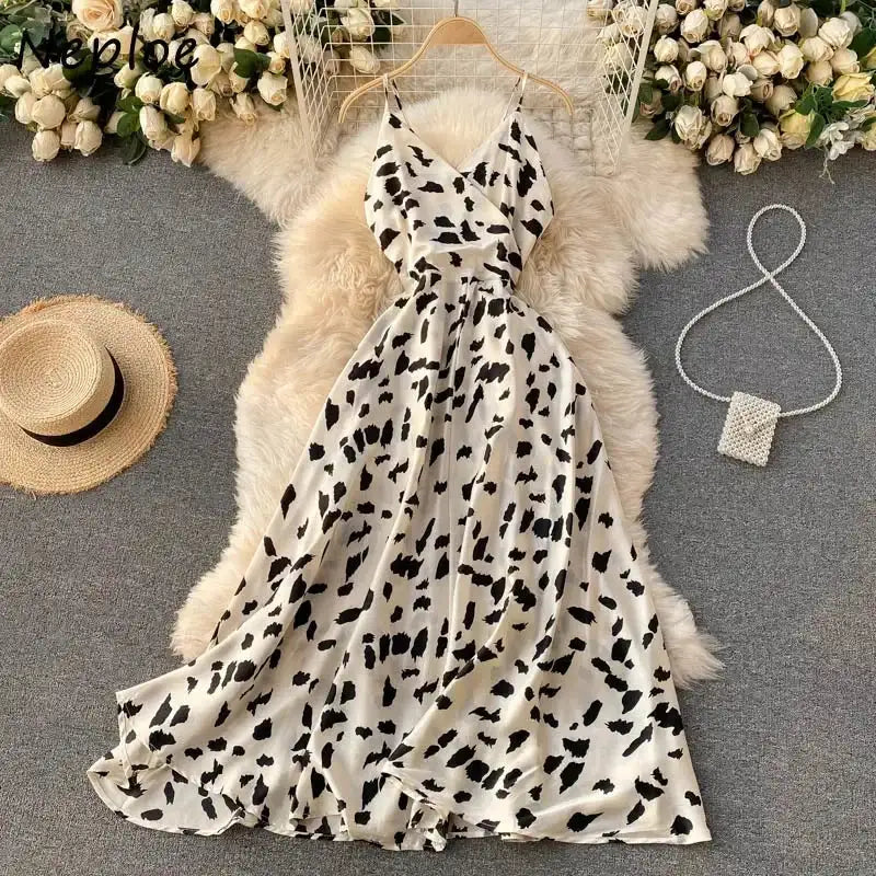 Neploe Vintage Print Holiday Long Dress Women High Waist Hip A Line Vestidos Summer 2025 New V Neck Sleeveless Camis Robe Slim
