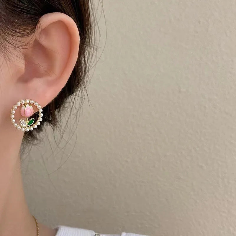 Kiss Jewelry Cute Sweet Flower Round Shape Pearl Rhinestone Stud Earrings for Women Tulip Floral Korean Fashion Earring Gift Lootquake LLC