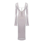 BEVENCCEL Sexy Luxury Sequins Deep V Long Sleeve Backless Sequins Long Dress Elegant  Bodycon Maxi Evening Party Clubwear Dress