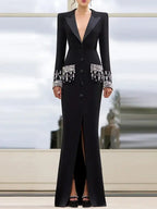 HIGH STREET Newest 2025 Designer Fashion Women's Long Sleeve Notched Collar Rhinestone Diamonds Beading Maxi Long Dress