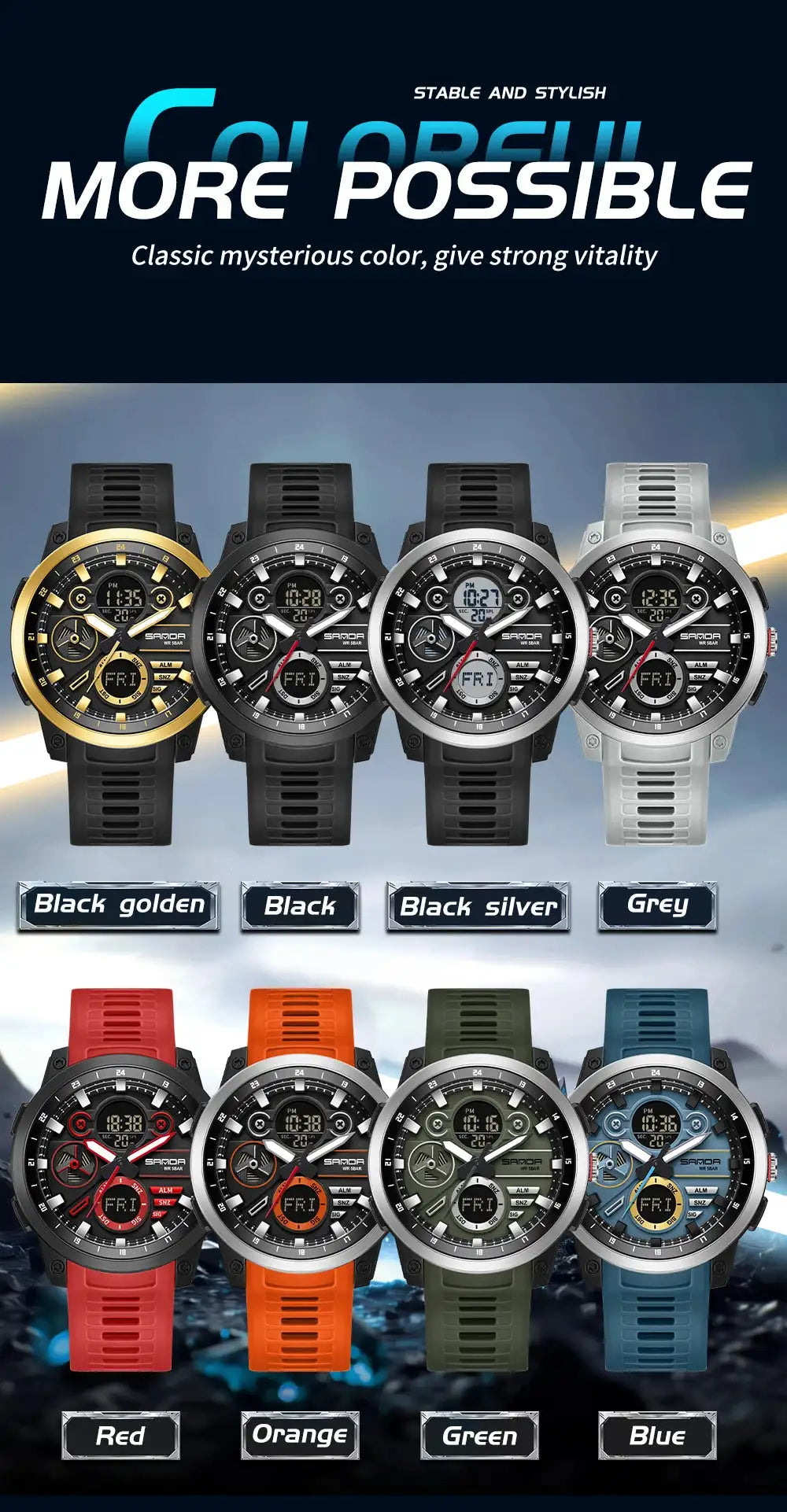 SANDA Sports Men's Electronic Watch Fashion Multi functional Waterproof LED Dual Display Men's Electronic Watch 3379
