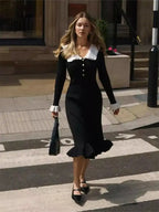 SINGREINY 2024 Hotsweet Slim Autumn Dress Women Peter pan Collar Long Sleeves Patchwork Preppy Style Mermaid Sweater Long Dress