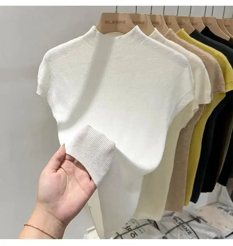 Half High Collar T-shirts Flying Sleeve Design Slim Knitted Sleeveless Top Women Simple Comfortable White T-shirts Summer 2025