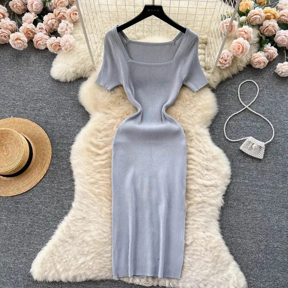 Green 2024 Sexy Summer Knit Short Sleeve Dress Women Squar Collar Waist Bodycon Sundress Female Beach  Backless Long Dress
