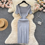 Green 2024 Sexy Summer Knit Short Sleeve Dress Women Squar Collar Waist Bodycon Sundress Female Beach  Backless Long Dress