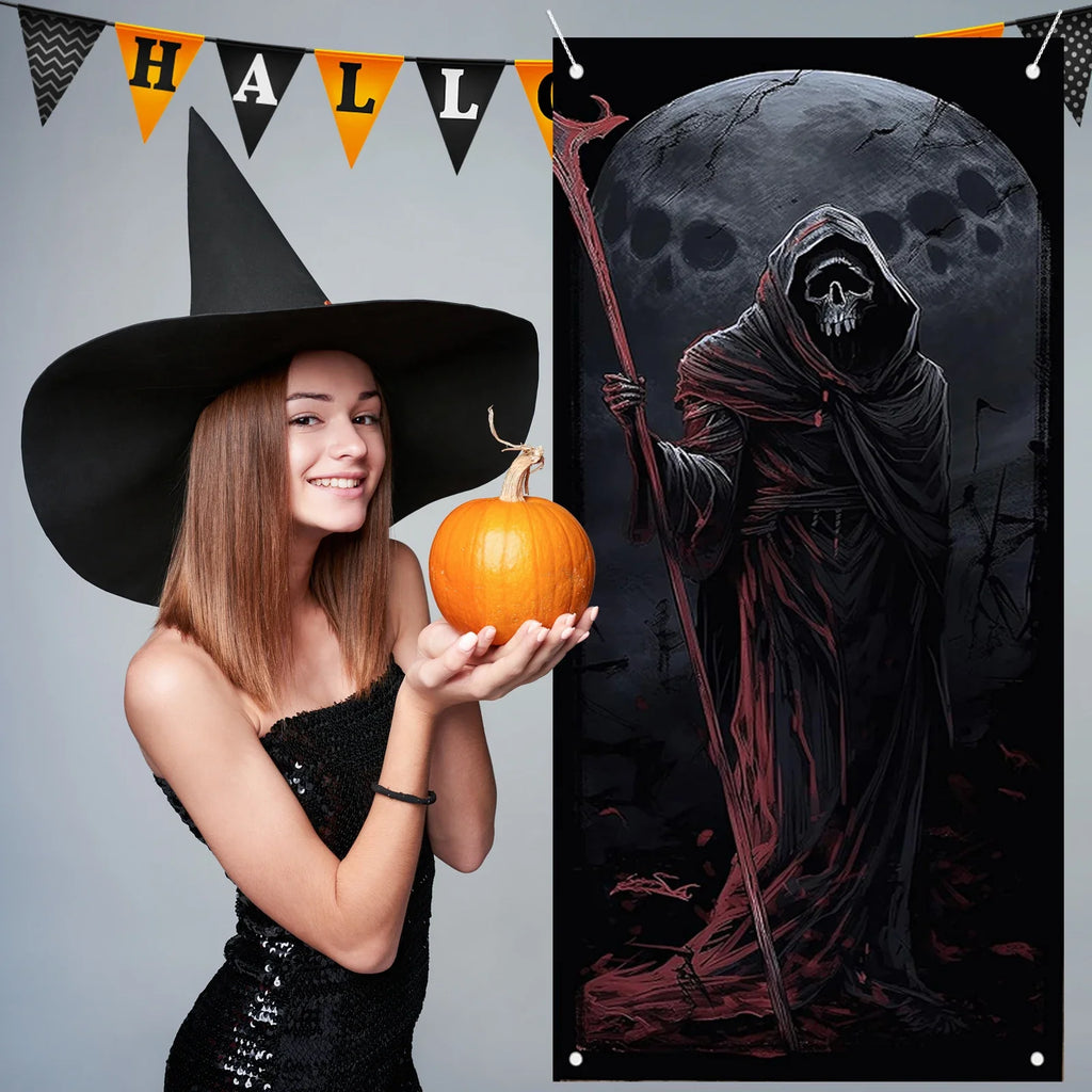 Halloween Door Cover Decorations - Horror Banner With Skeleton and Grim -Door Decor Scary Party Photo Background Banner Scary Po Lootquake LLC