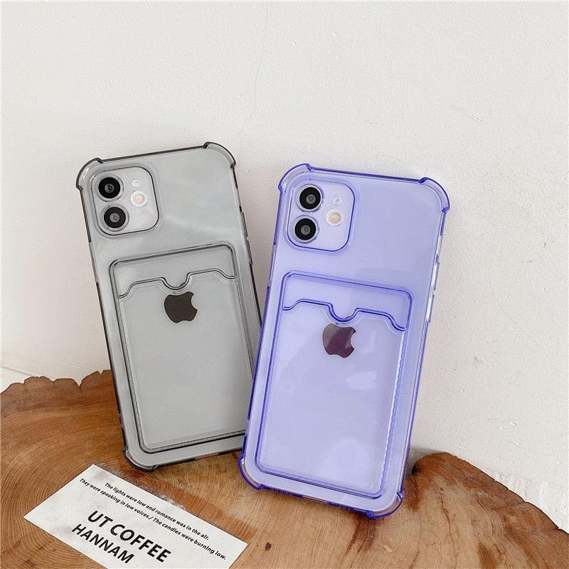 Transparent Card Slot Holder Case for iPhone 13 11 12 14 Pro Max Mini Clear Shockproof Soft Wallet Cover Clear Phone Case with Card Holder Slim Protective Soft Shock Absorbing Case with Card Holder Stevvex