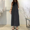 Women's Sleeveless Denim Long Dress Fashionable Round Neck Sleeveless Pocket Denim Skirt Loose Vest Denim Long Dress