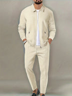 Men's Slim Fit Jacket with Zipper Pocket, Long Sleeved Sportswear, Cardigan Jacket Set, Long Pants, Elegant, two-Piece Set