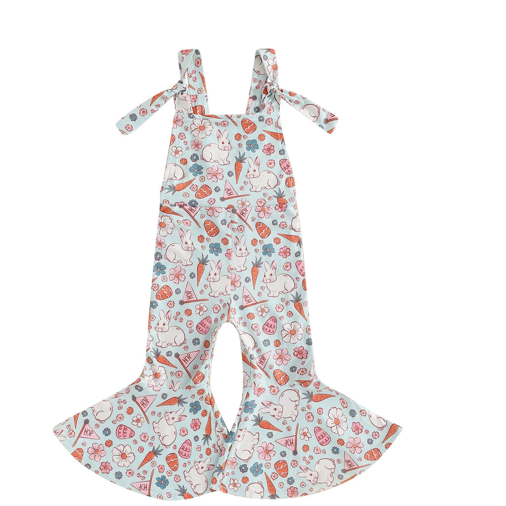 FOCUSNORM 0-4Y Lovely Little Girls Easter Rompers Pants 3 Style Sleeveless Floral Rabbit Print Jumpsuit Suspender Pants