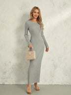 Women Spring Autumn Lace-up Knit Dress Elegant Long Sleeve Crew Neck Ribbed Solid Color Long Dress Streetwear