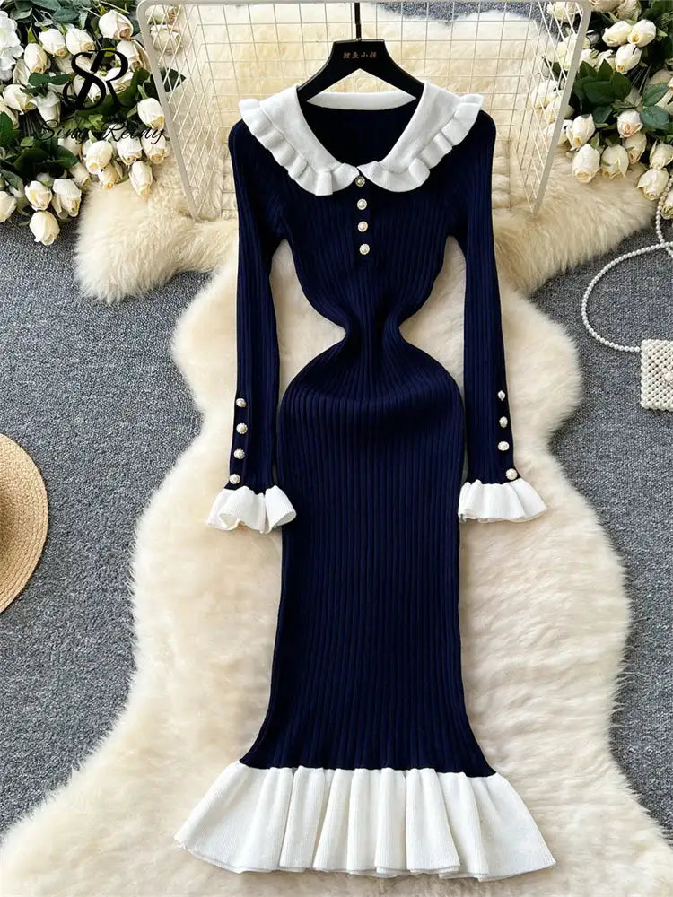 SINGREINY 2024 Hotsweet Slim Autumn Dress Women Peter pan Collar Long Sleeves Patchwork Preppy Style Mermaid Sweater Long Dress