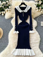 SINGREINY 2024 Hotsweet Slim Autumn Dress Women Peter pan Collar Long Sleeves Patchwork Preppy Style Mermaid Sweater Long Dress