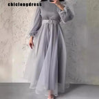 Spring Elegant Mesh Dress Muslim Women Fashion Solid High Waist Mesh Lantern Sleeves Long Dress Women
