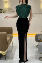 Lady Fashion Sleeveless Draped Split Dress Casual O Neck Sequin Splicing Party Dress 2025 New Year Elegant High Waist Long Dress