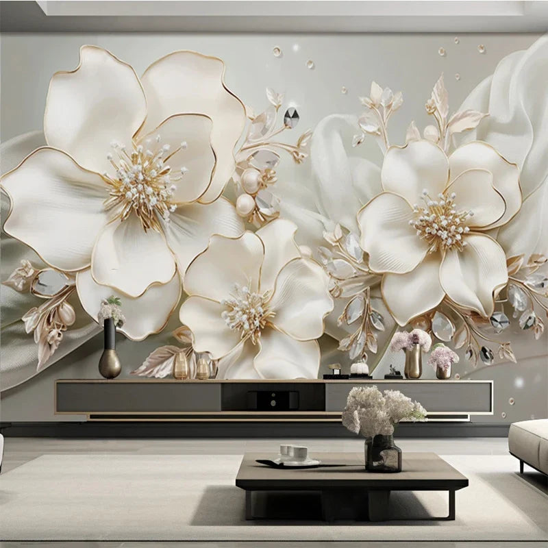Custom Large Size Modern Wallpaper 3D Embossed Flowers Jewelry Mural Paper TV Background Wall Living Room Decor Home Improvement Lootquake LLC