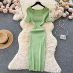 Green 2024 Sexy Summer Knit Short Sleeve Dress Women Squar Collar Waist Bodycon Sundress Female Beach  Backless Long Dress