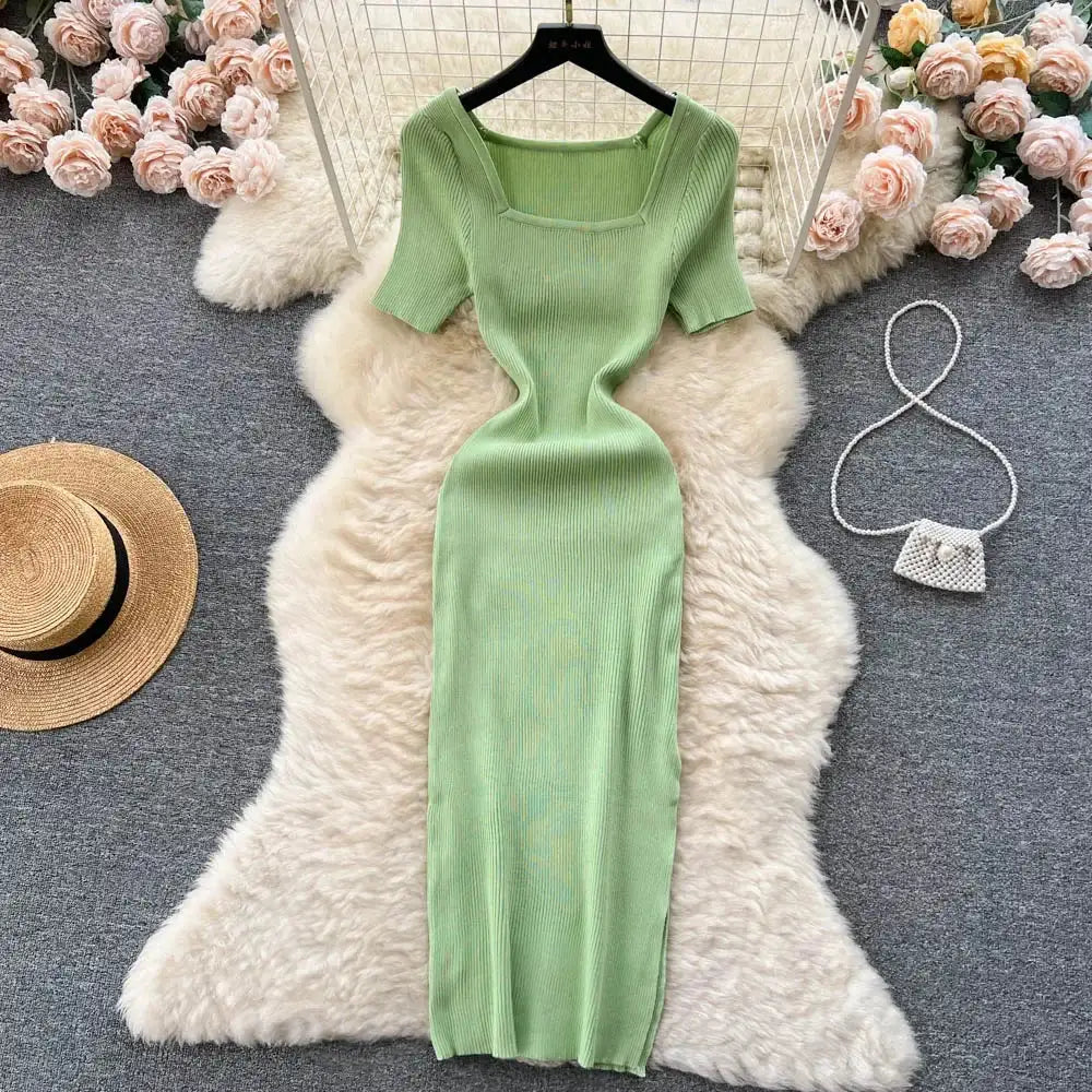 Green 2024 Sexy Summer Knit Short Sleeve Dress Women Squar Collar Waist Bodycon Sundress Female Beach  Backless Long Dress