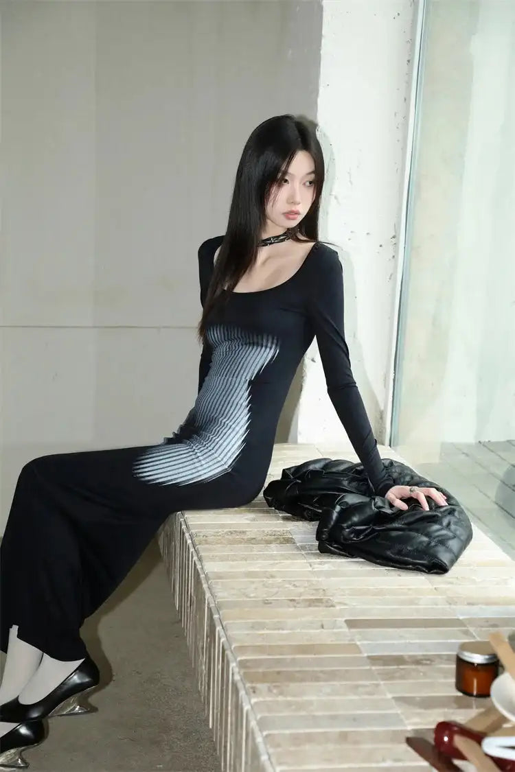 Y2K Sexy Long Sleeved Print Design Long Dress Elegant Slim Square Necked Dress Woman Street Style Wrapped Hip Skirt