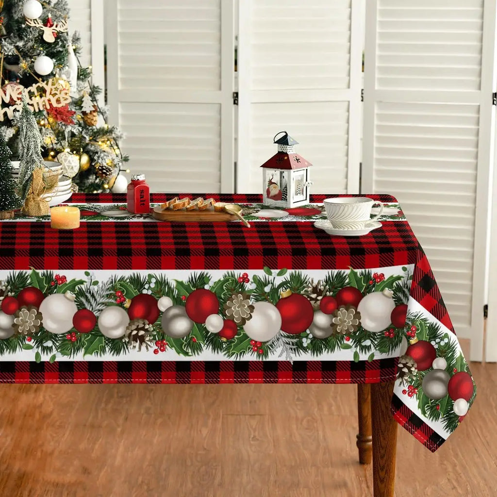 Christmas Ball Ornaments Red Bufalo Plaid Rectangle Tablecloth Dining Room Decor Reusable Table Cover Xmas Party Decorations Lootquake LLC