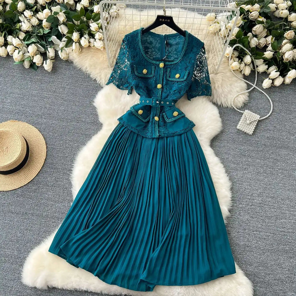 Designer 2025 Summer Pleated Chiffon Lace Long Dress Women Flower Embroidery Gold Button Belt Evening Party Dresses Wedding Robe Lootquake LLC