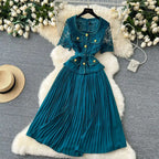 Designer 2025 Summer Pleated Chiffon Lace Long Dress Women Flower Embroidery Gold Button Belt Evening Party Dresses Wedding Robe Lootquake LLC