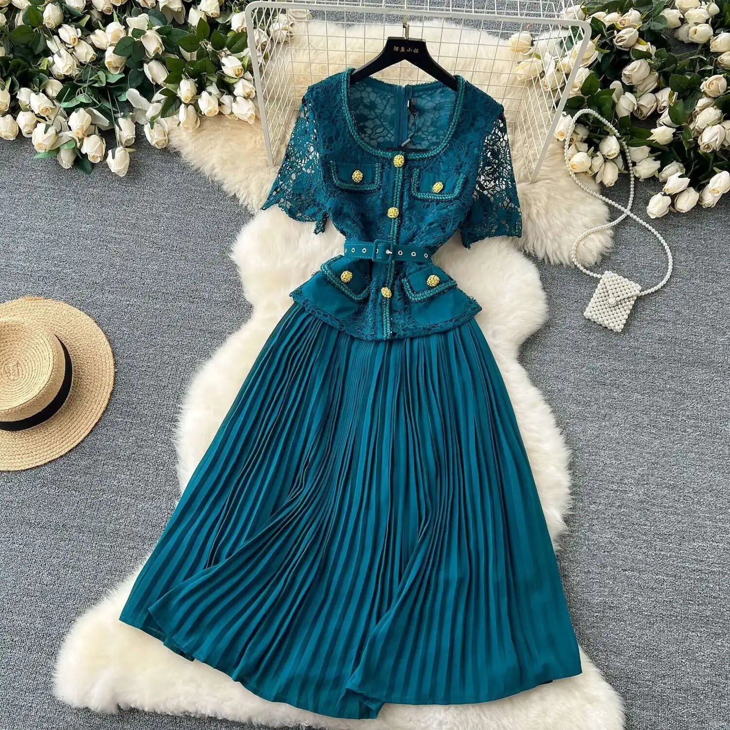Designer 2025 Summer Pleated Chiffon Lace Long Dress Women Flower Embroidery Gold Button Belt Evening Party Dresses Wedding Robe Lootquake LLC