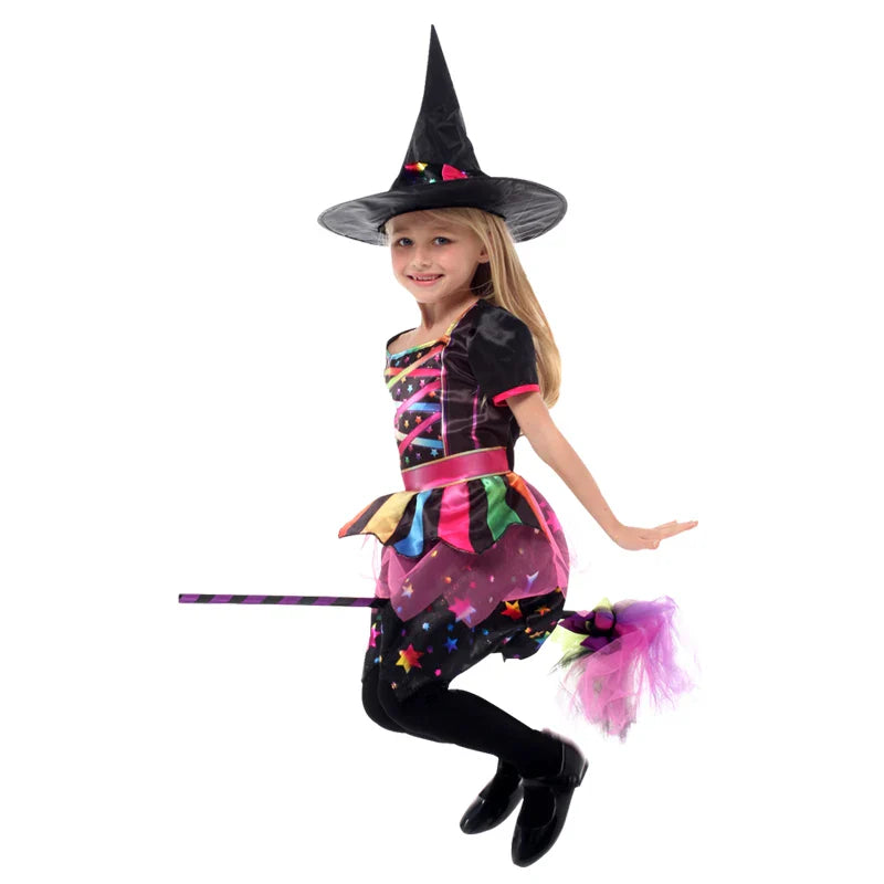 Halloween Children's Witch Dress - Comes with Hat, Halloween Role Playing Costume,Colorful Star Pattern Printed Carnival Costume